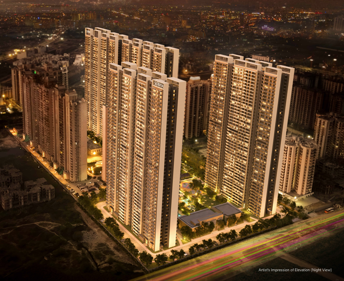 SOBHA Rivana Sector 1 Greater Noida West — Premium 3 & 4 BHK Luxury Apartments elevation view at night